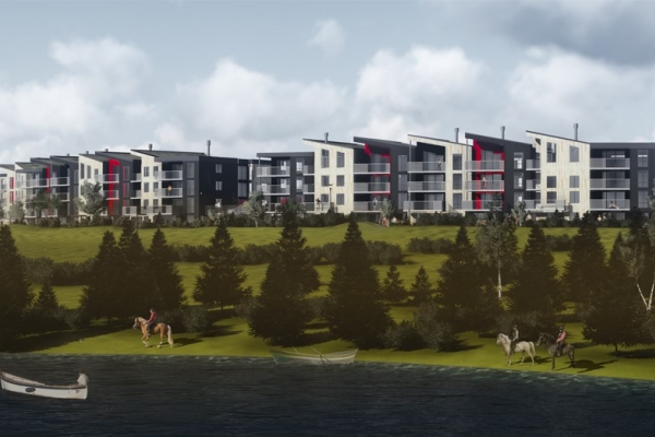 tjörn neðan við byggingarsvæði atelier arkitekta